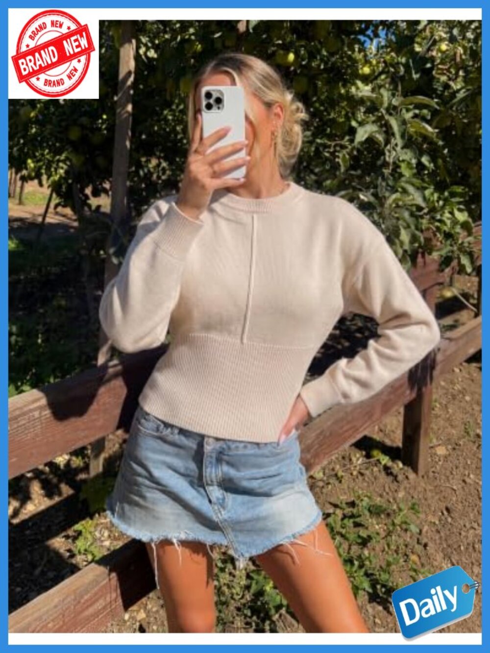 Women's Ribbed Knit Long Sleeve Crewneck Sweater with Cinched Waist - Picture 2 of 6